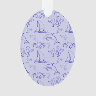 Sea animals and sailboat one line drawing pattern ornament
