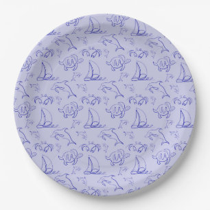 Sea animals and sailboat one line drawing pattern paper plate