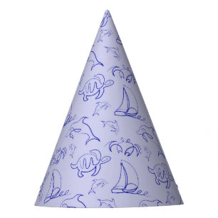 Sea animals and sailboat one line drawing pattern party hat