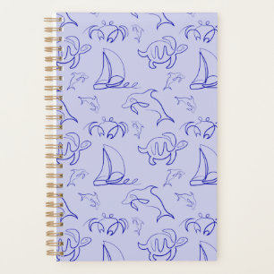 Sea animals and sailboat one line drawing pattern planner
