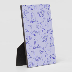 Sea animals and sailboat one line drawing pattern plaque