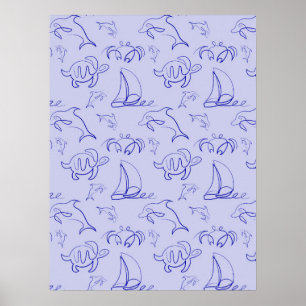 Sea animals and sailboat one line drawing pattern  poster