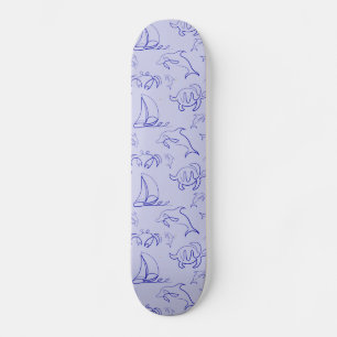 Sea animals and sailboat one line drawing pattern skateboard