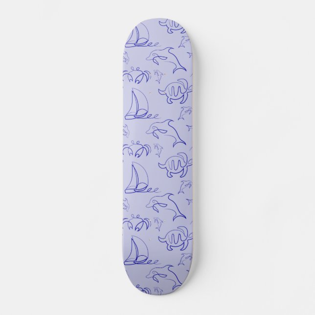 Sea animals and sailboat one line drawing pattern  skateboard (Front)