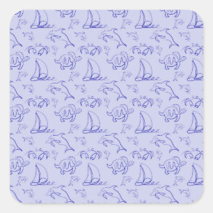 Sea animals and sailboat one line drawing pattern square sticker