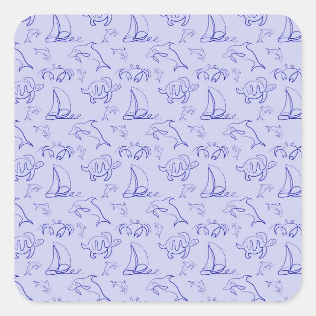 Sea animals and sailboat one line drawing pattern square sticker (Front)