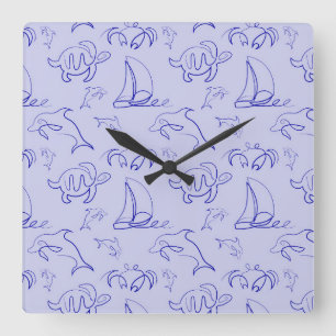 Sea animals and sailboat one line drawing pattern  square wall clock