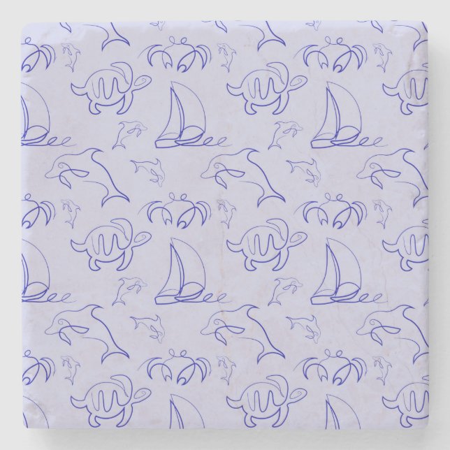 Sea animals and sailboat one line drawing pattern  stone coaster (Front)