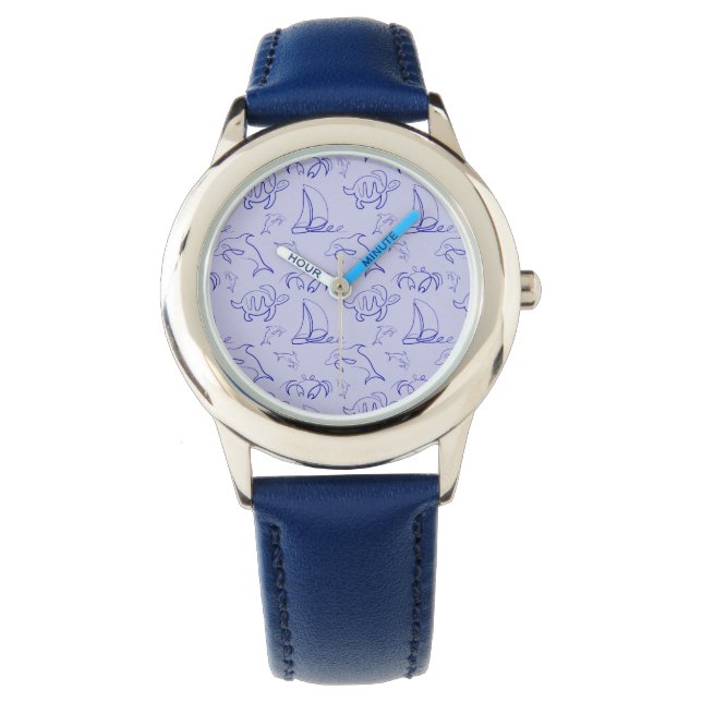 Sea animals and sailboat one line drawing pattern  watch (Front)