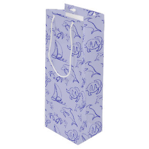 Sea animals and sailboat one line drawing pattern wine gift bag