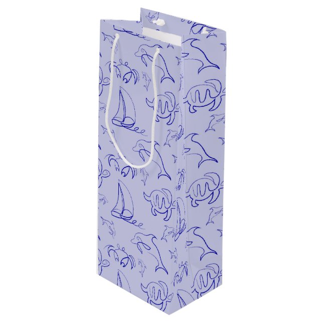 Sea animals and sailboat one line drawing pattern  wine gift bag (Front Angled)