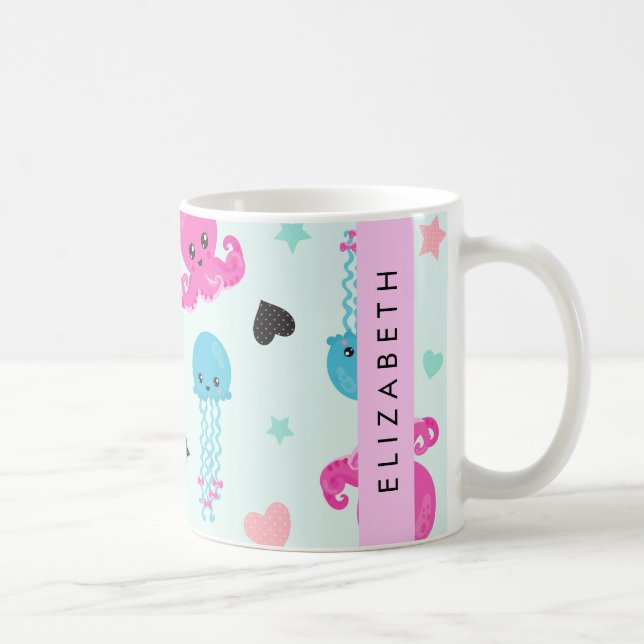 Sea Animals, Octopus, Jellyfish, Hearts, Your Name Coffee Mug (Right)