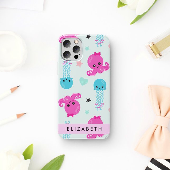 Sea Animals, Octopus, Jellyfish, Hearts, Your Name iPhone 16 Case (Creator Uploaded)