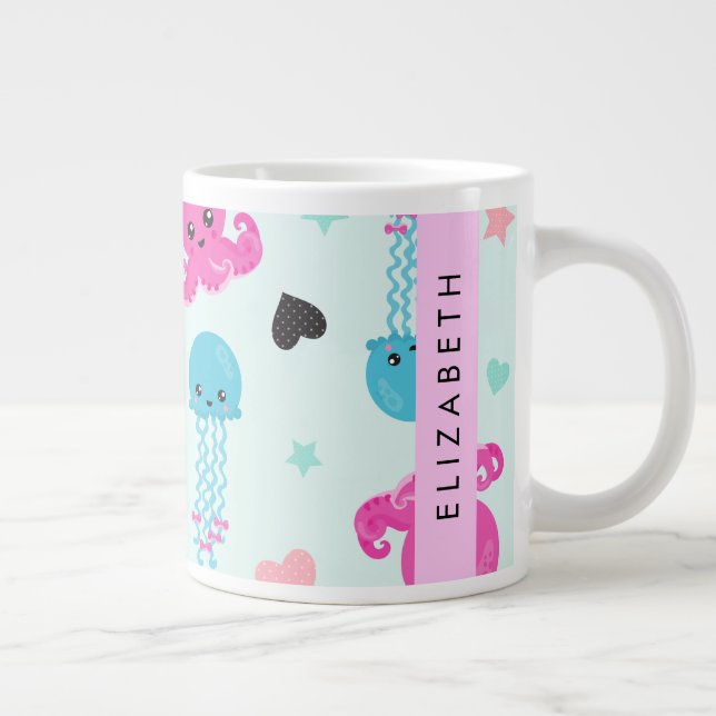 Sea Animals, Octopus, Jellyfish, Hearts, Your Name Large Coffee Mug (Right)