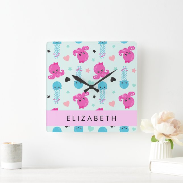 Sea Animals, Octopus, Jellyfish, Hearts, Your Name Square Wall Clock (Home)