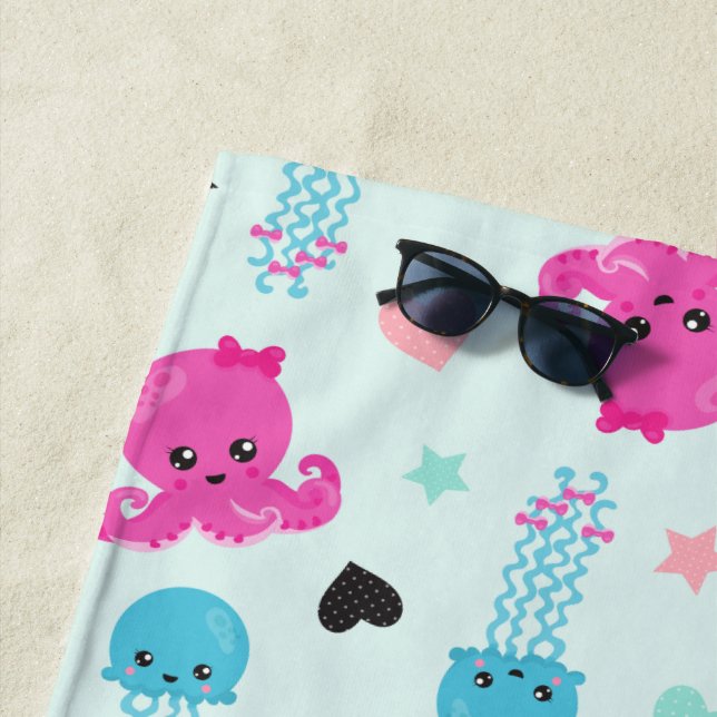 Sea Animals, Sea Life, Octopus, Jellyfish, Hearts Beach Towel (In Situ)