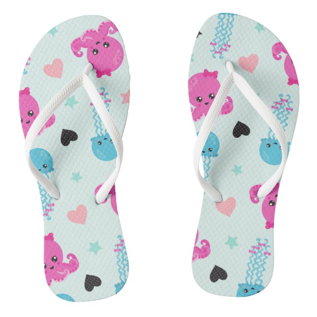 Sea Animals, Sea Life, Octopus, Jellyfish, Hearts Jandals (Footbed)