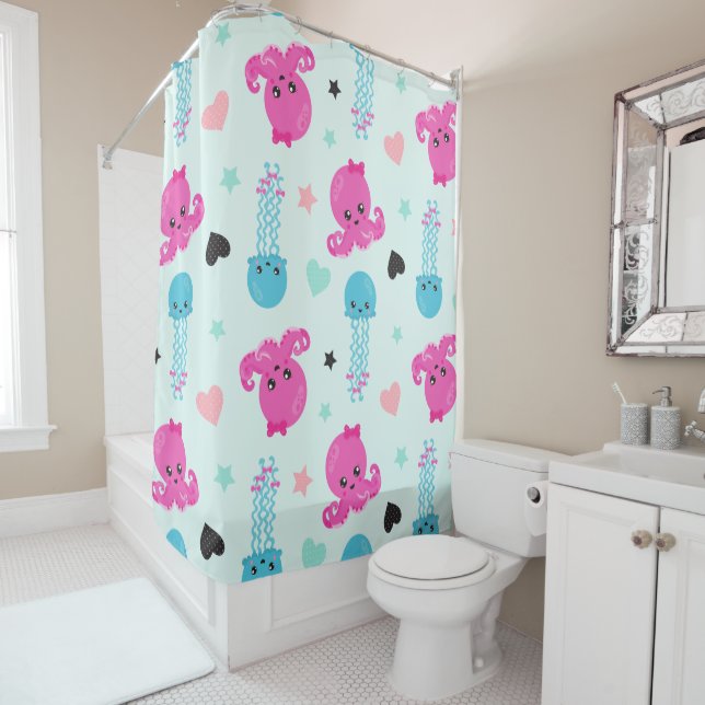 Sea Animals, Sea Life, Octopus, Jellyfish, Hearts Shower Curtain (In Situ)