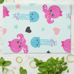 Sea Animals, Sea Life, Octopus, Jellyfish, Hearts Tea Towel
