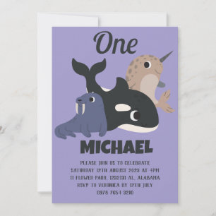 Sea Animals Simple Modern Cute First Birthday Baby Invitation