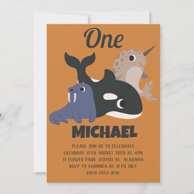 Sea Animals Simple Modern Cute First Birthday Baby Invitation (Front)