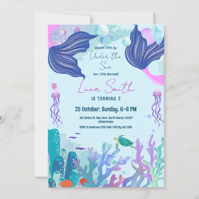 Sea Animals Theme Birthday Girl Mermaid Party Invitation (Front)