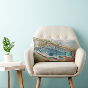 Sea Bass by S.A. Kilbourne, Vintage Fish Lumbar Cushion
