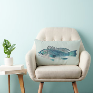 Sea Bass by S.A. Kilbourne, Vintage Fish Lumbar Cushion