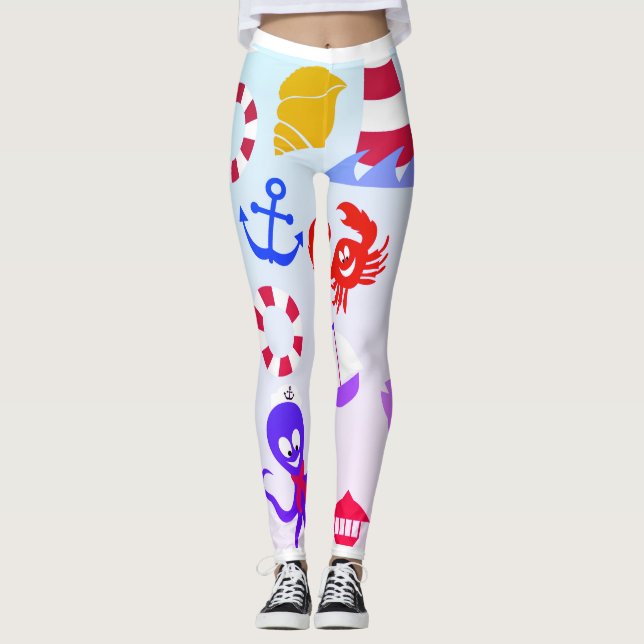 Sea beach and sea animals oceanic pattern leggings (Front)