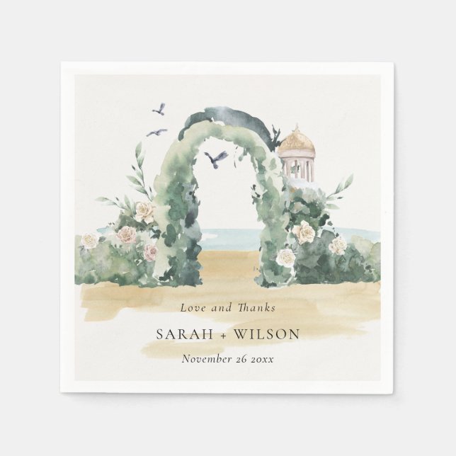 Sea Beach Floral Arch Botanical Wedding Thanks Napkin (Front)