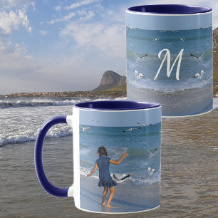 Sea Beach Photo Modern White Initial on Blue Mug