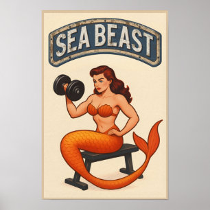 Sea Beast Gym Mermaid   Retro Pin-Up Fitness Art Poster