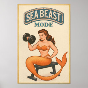 Sea Beast Mode Mermaid - Retro Pin-Up Gym Fitness Poster