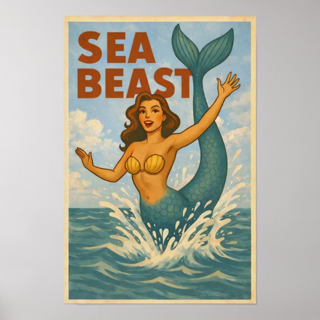 Sea Beast Retro Mermaid | Funny Coastal Beach Art Poster (Front)