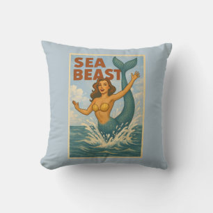 Sea Beast Retro Mermaid   Funny Coastal Beach Blue Cushion