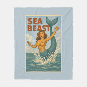 Sea Beast Retro Mermaid Funny Coastal Beach Blue Fleece Blanket