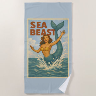 Sea Beast Retro Mermaid   Funny Coastal Beach Blue Towel