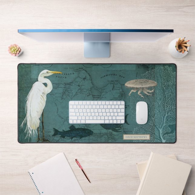 Sea Bird Botanical Heron Fish Jellyfish Teal Blue Desk Mat (Office 1)