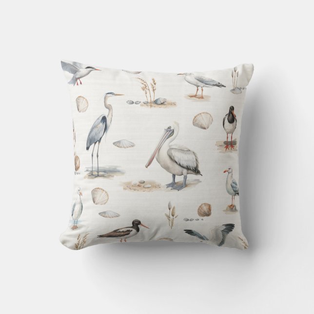 Sea Birds White Throw Pillow (Front)