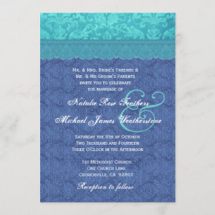 Sea Blue and Aqua Blue Damask Wedding G500F Invitation