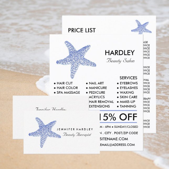 Sea Blue Beach Starfish, Beautician, Beauty Salon Business Card (Creator Uploaded)