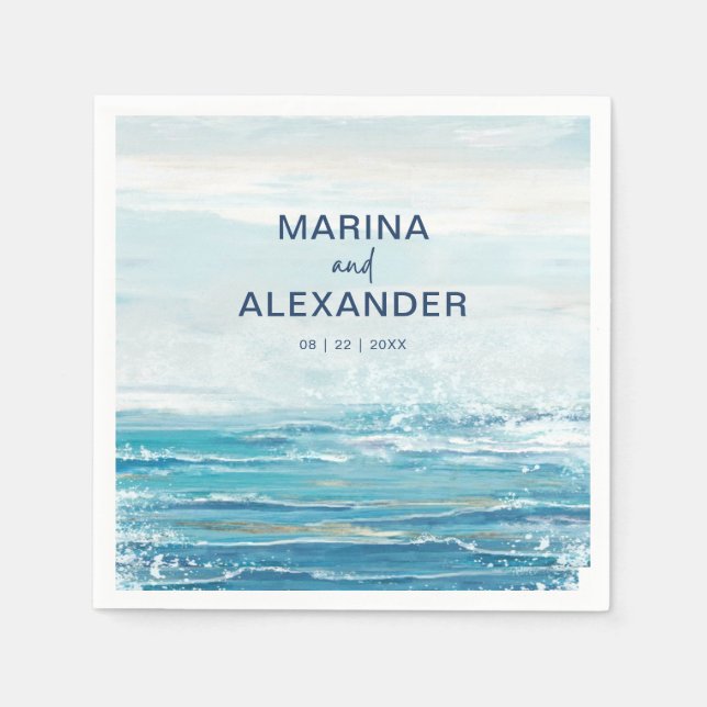 Sea Blue Beach Waves Coastal Watercolor Wedding Napkin (Front)