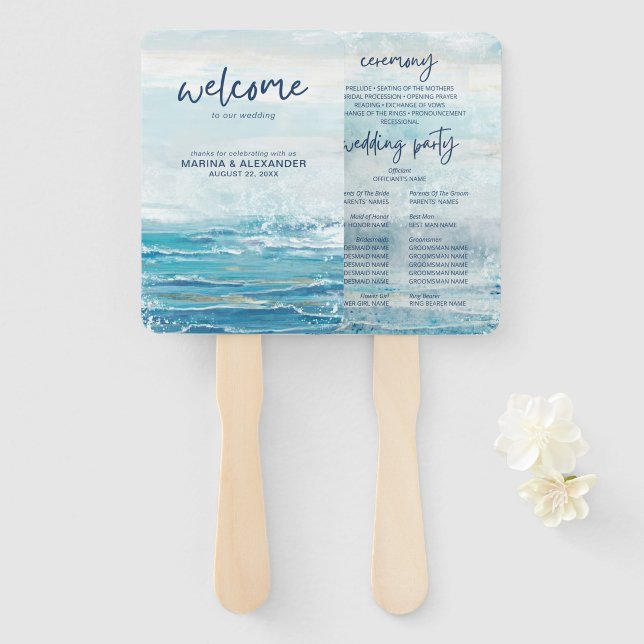 Sea Blue Beach Waves Watercolor Wedding Program  Hand Fan (Front and Back)