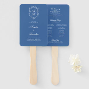 Sea Blue Botanical Monogram Crest Wedding Program Hand Fan