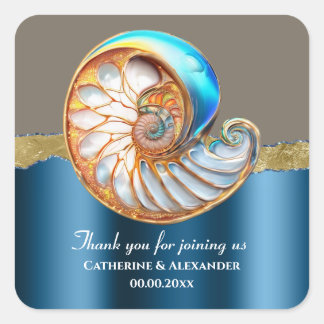 Sea Blue Gold Conch Shell Thank You Square Sticker