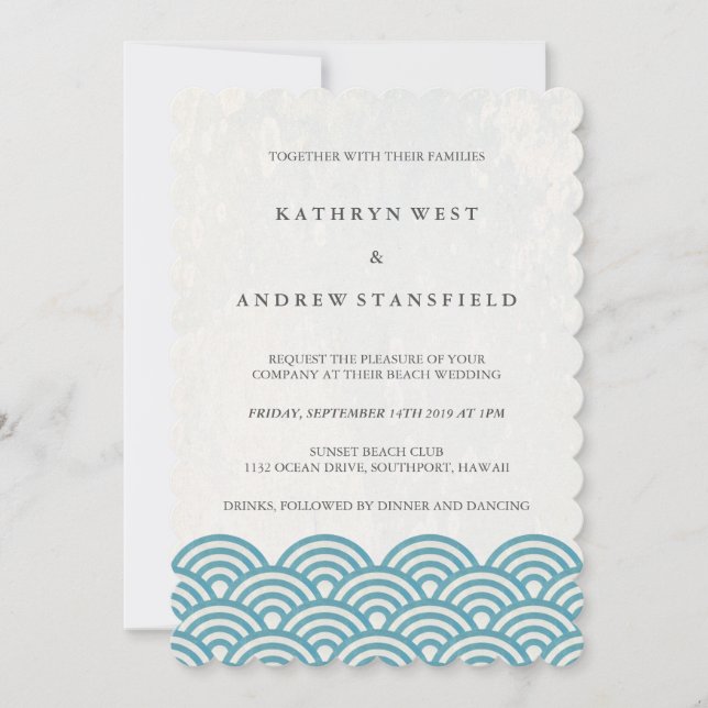 Sea Blue Green Stylised Sea Waves Beach Wedding Invitation (Front)