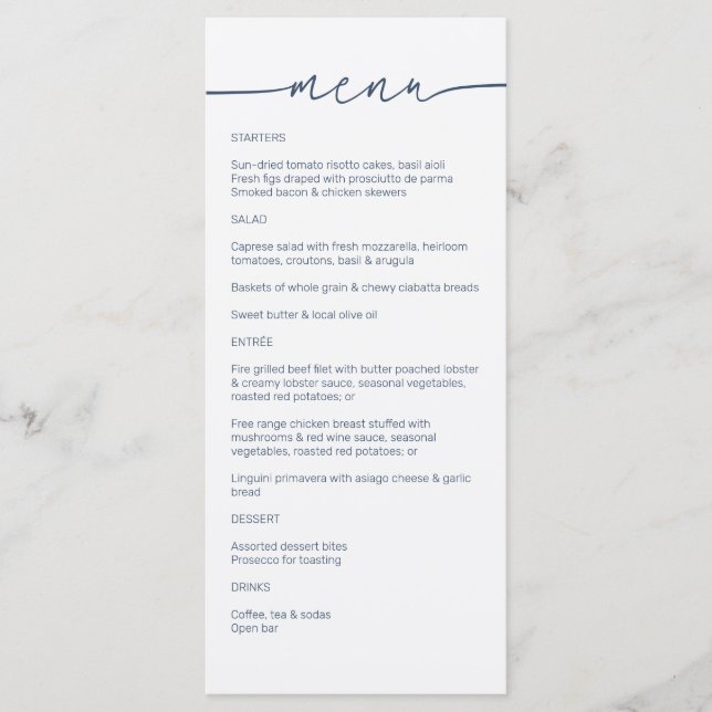 Sea Blue • Modern Minimalist Script Wedding Menu (Front)