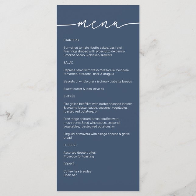 Sea Blue • Modern Minimalist Script Wedding Menu (Front)