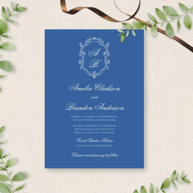 Sea Blue Monogram Crest & Formal Script  Invitation (Creator Uploaded)