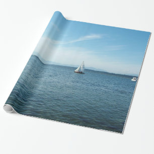 sea, blue sky and white boats holiday gift wrapping paper